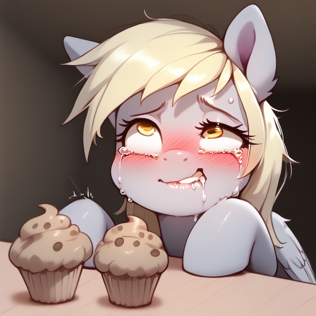 rating_explicit, score_9, score_8_up, score_7_up, pony, feral, Derpy Hooves, cross-eyed, uneven eyes , embarrassed expression, biting her lower lip, eating muffin, trying to hold it in, muffin on the table, blush, rolling eyes, tears, indoors, detailed, realistic, BREAK, full body