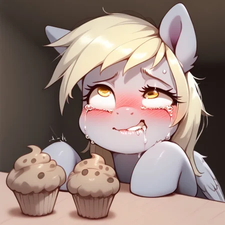 rating_explicit, score_9, score_8_up, score_7_up, pony, feral, Derpy Hooves, cross-eyed, uneven eyes , embarrassed expression, biting her lower lip, eating muffin, trying to hold it in, muffin on the table, blush, rolling eyes, tears, indoors, detailed, realistic, BREAK, full body