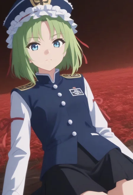 1girl, solo, solo focus, highres, absurdres, shikieiki, green hair, frilled hat, blue eyes, blue headwear, short hair, bangs,
long sleeves, black skirt, white shirt, blue vest, red ribbon, epaulettes, small breasts, arm ribbon, buttons, 
looking at viewer, lying, on back, 
spider lily, flower field, night sky, red sky, dark, red theme,
