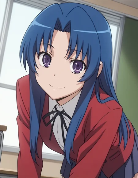 score_9, score_8_up, score_7_up, source_anime,
amikawashima, <lora:ami-kawashima-s1-ponyxl-lora-nochekaiser:1>,
ami kawashima, long hair, blue hair, purple eyes, parted bangs,
school uniform, oohashi high school uniform, jacket, red jacket, long sleeves, shirt, white shirt, collared shirt, ribbon, skirt, pleated skirt,
indoors, classroom, bent over, smile,
looking at viewer, solo, cowboy shot, dutch angle,