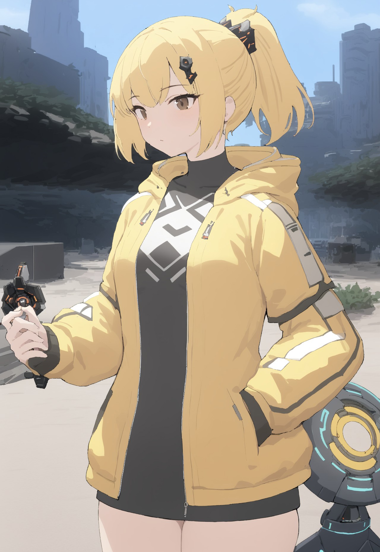 masterpiece, best quality, V4NGU4RD, 1girl, blonde hair, ponytail, jacket, short hair, brown eyes, science fiction, hood, hood down, open clothes, Vanguard Jacket, hair ornament, vanguard jacket of casting, yellow jacket, outdoors