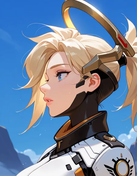 masterpiece, best quality, amazing quality, very aesthetic, absurdres,  newest, detailed background, cowboy shot, 4k, 8k, outdoors,
mercyxd, solo, 1girl, halo, mechanical halo, blonde hair, ponytail, portrait, hair tie,  bodysuit, high ponytail, blue eyes, profile, high collar, turtleneck, from side, lips, headgear, parted lips, nose,
 <lora:Mercy_-_Overwatch_Illustrious:1>