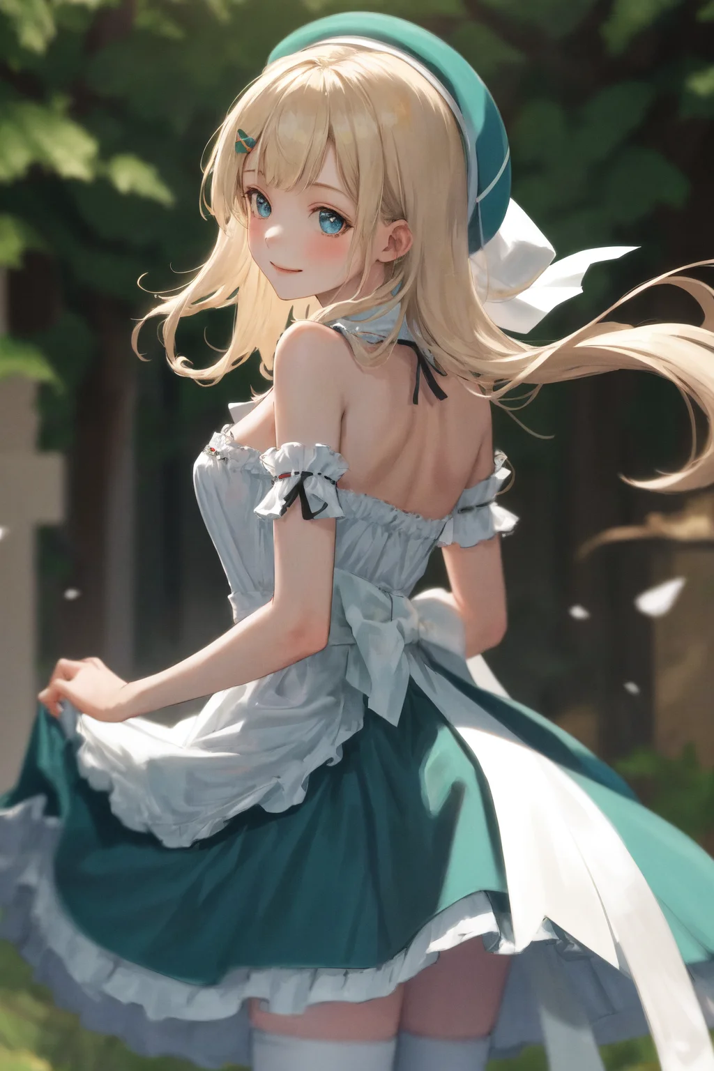 masterpiece, best quality, highres, 1girl yomi, hat dress apron <lora:yomi:1> smile, standing, from behind, looking back
