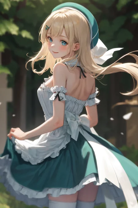 masterpiece, best quality, highres, 1girl yomi, hat dress apron <lora:yomi:1> smile, standing, from behind, looking back