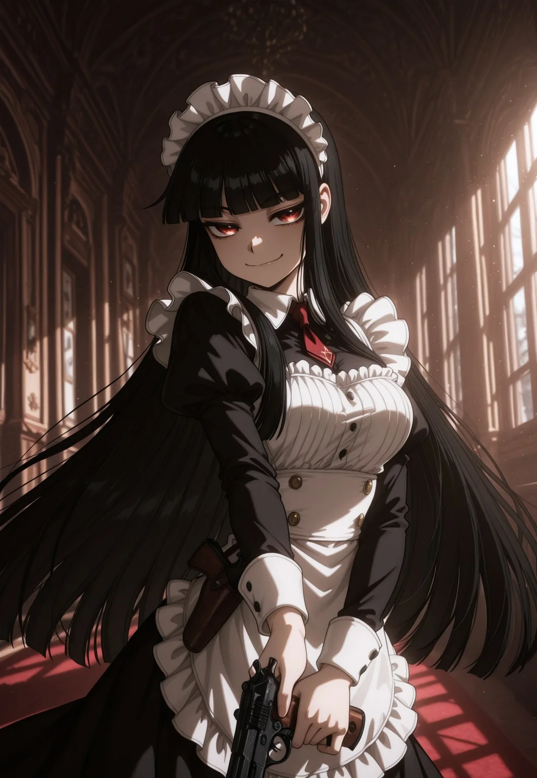 Girlycard, solo, 1girl, female focus, female, black hair, long hair, hime cut, blunt bangs, red eyes, maid outfit, intricate dress, slender figure, medium breasts, upper body, (extreme close up:1.3), portrait, smug
BREAK
holding a Mauser C96, leather shoulder holster, pistol holster, contrapposto, fancy ornate gilded luxurious hotel lobby, perfect architecture
BREAK
soft shadows, vivid, perspective, masterpiece, very aesthetic, absurdres, best quality, amazing quality, intricate detail, highly detailed, newest, highres, 8K, HDR, best quality, absurdres, high quality, dynamic composition, vibrant colors, foreshortening, glamour shot, 