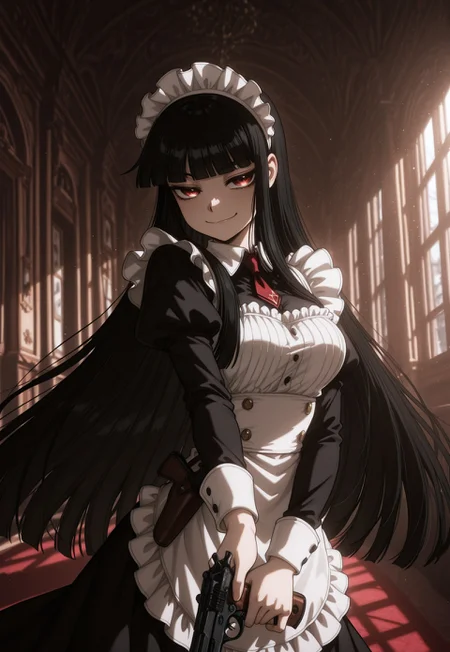 Girlycard, solo, 1girl, female focus, female, black hair, long hair, hime cut, blunt bangs, red eyes, maid outfit, intricate dress, slender figure, medium breasts, upper body, (extreme close up:1.3), portrait, smug
BREAK
holding a Mauser C96, leather shoulder holster, pistol holster, contrapposto, fancy ornate gilded luxurious hotel lobby, perfect architecture
BREAK
soft shadows, vivid, perspective, masterpiece, very aesthetic, absurdres, best quality, amazing quality, intricate detail, highly detailed, newest, highres, 8K, HDR, best quality, absurdres, high quality, dynamic composition, vibrant colors, foreshortening, glamour shot,