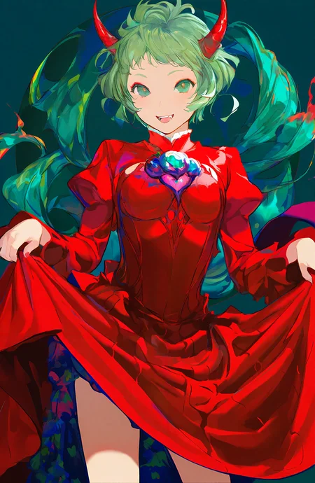 1girl, solo, smile, open_mouth, short_hair, dress, green_eyes, horns, green_hair, red_dress, skirt_hold