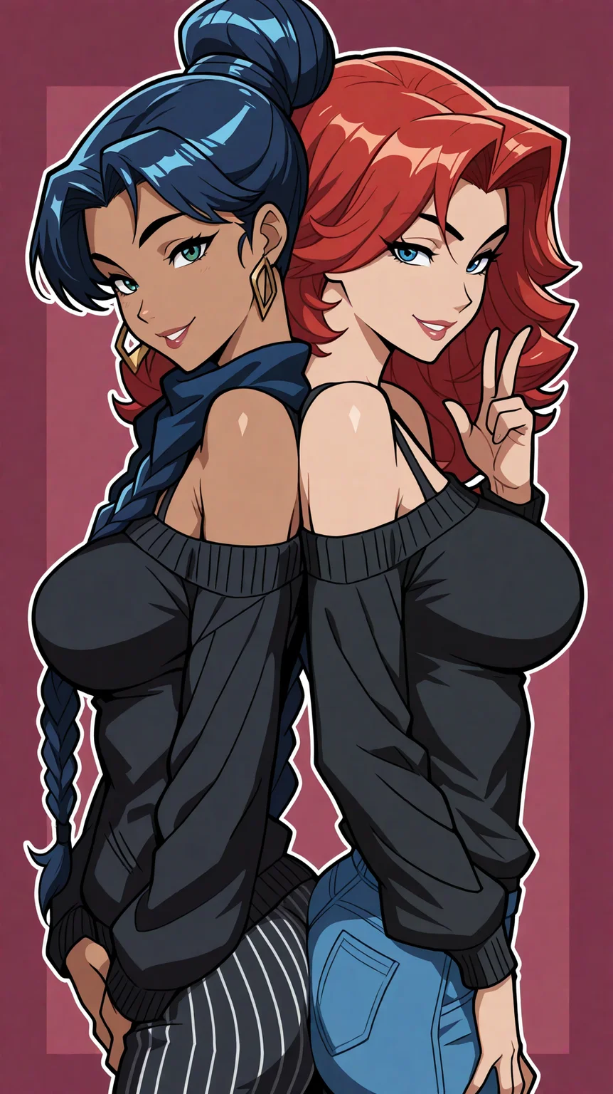 IllusP0s_1097608, (masterpiece), (best quality), (ultra-detailed), amazing quality, very aesthetic, illustration, perfect composition, intricate details, absurdres, incredibly absurdres, BREAK,hot attractive 2 girl,ass press,see-through clothes, <lora:pixiequeenie_1386585:0.8>,
in an american diner, Through a side-profile view, capturing the contour of their face,chiaroscuro lighting,,
ass-to-ass, ass, huge ass, cheek press, back to back,
((perfect female body)),
(beautiful detailed eyes, ultra-detailed, intricate details,beautiful detailed face,perfect_face,perfect_hand),
, BREAK,
(1 girl, she has short hair,hair censor,(wavy hair:1.2),crown braid,
dark blue hair,
single braid, large breasts,light smile, tan, dark-skinned female, mature female,crystal shoulder armor , traditional black kimono , traditional hakama pants, traditional wooden sandals , )BREAK,
(1 girl,she has long hair,hair scarf,(curly hair:1.2),twin braids,
red hair,
single hair bun, large breasts,smile, floating shoulder armor , late twenties, , black cardigan, pinstriped pants, polished shoes ,) BREAK,
