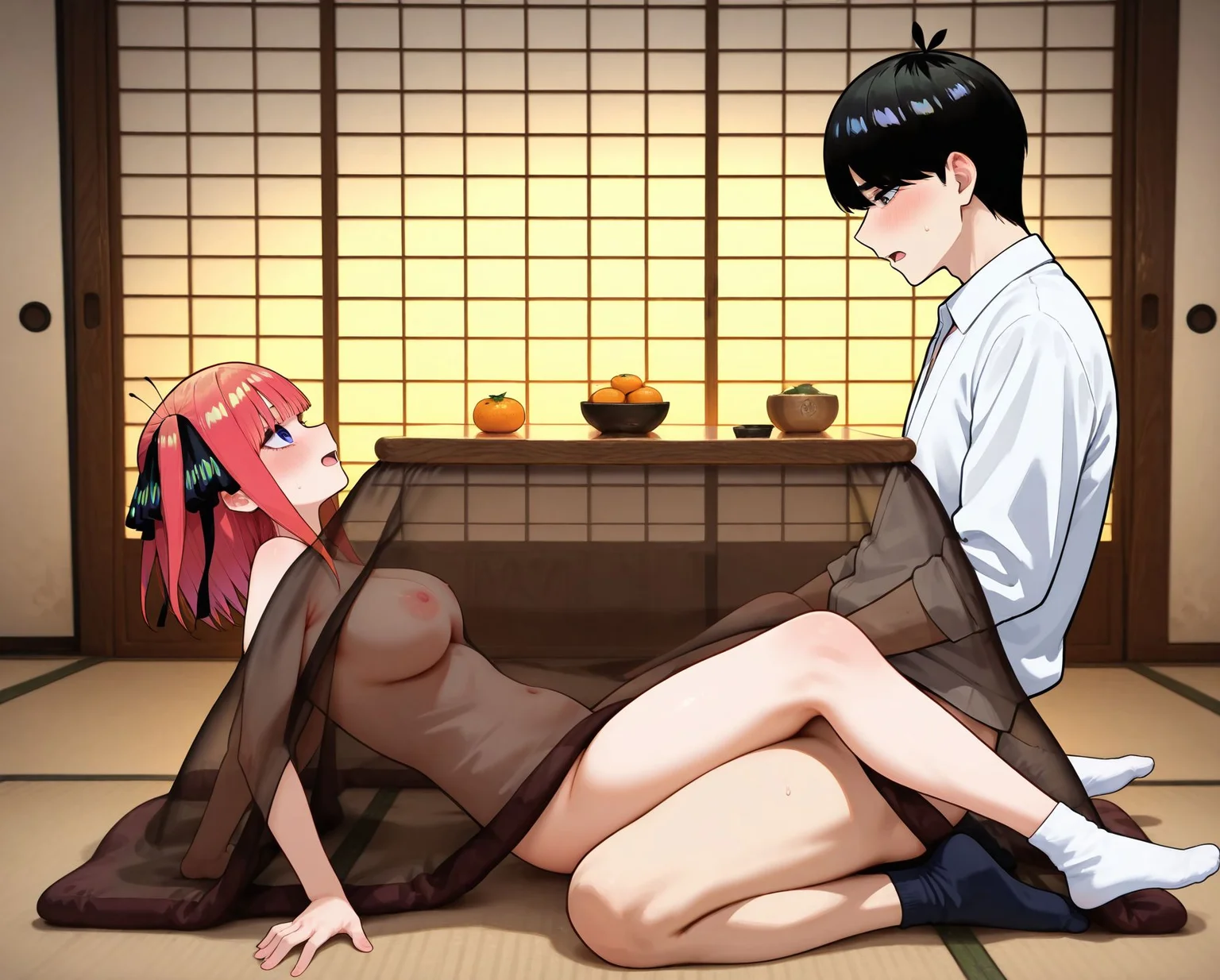 masterpiece,best quality,amazing quality,very aesthetic,absurdres,newest, huge filesize,
<lora:spo_sdxl_10ep_4k-data_lora_webui:0.5>,
<lora:add-detail-xl:1>
<lora:Kotatsu_Hide_Pose:0.7>
Kotatsu Hide Pose,
1girl,hetero,looking at another, clothed sex,bottomless, 
sex,1boy,  sex under kotatsu,  see-through kotatsu, sex, 
socks, lean back,
sliding doors,tatami,
indoors,
hidden embrace position,
seated positions
reverse-leg techniques,  mandarin orange, 
BREAK
uesugi fuutarou, 
nakano nino, 
go-toubun no hanayome,