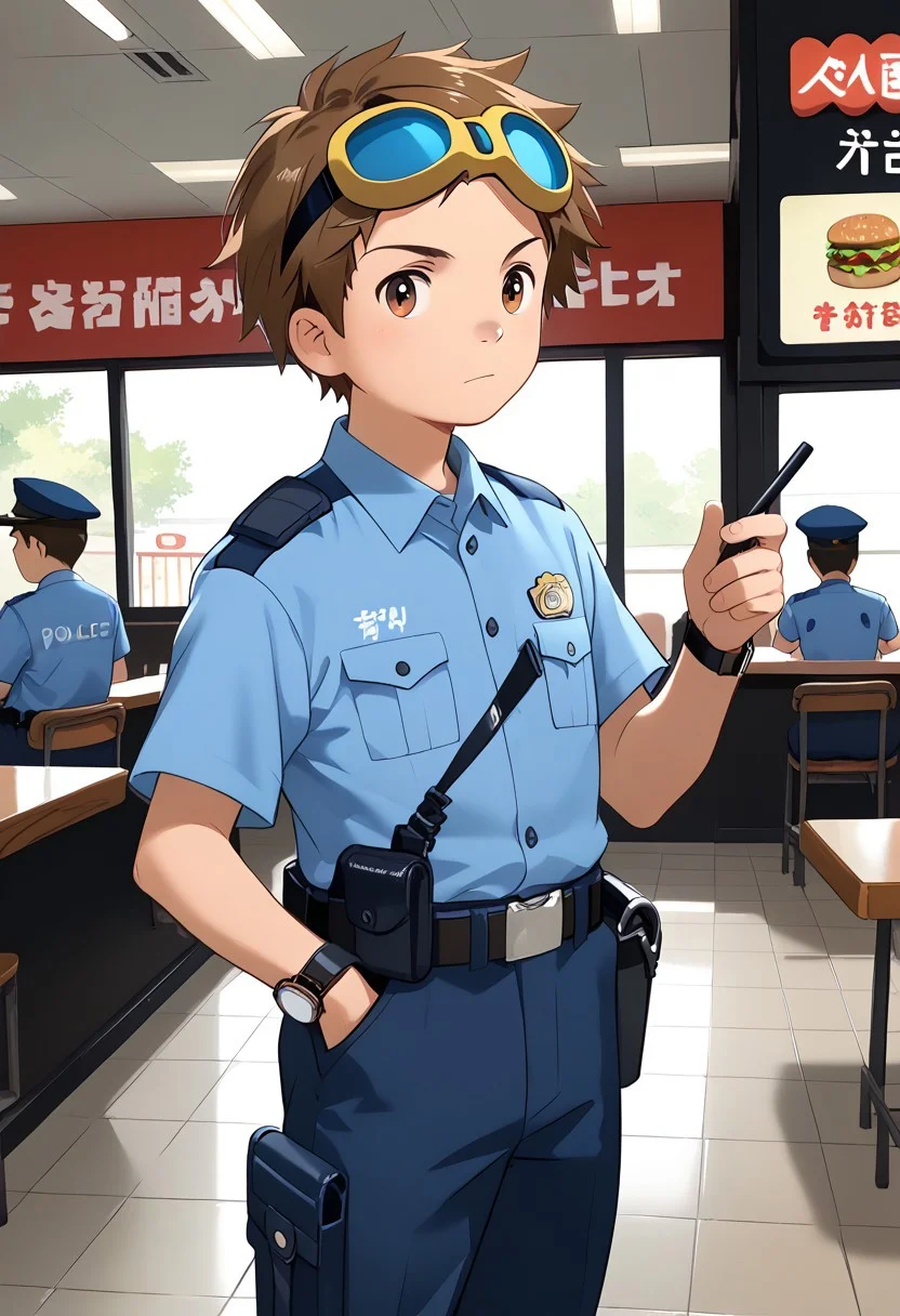 score_9, score_8_up, score_7_up, zPDXL2, 
,
1boy, solo, goggles on head, brown hair, male Japanese Summer Police Uniform,light-blue collared shirt, rank slides,hip holster,
Fast Food Restaurant
