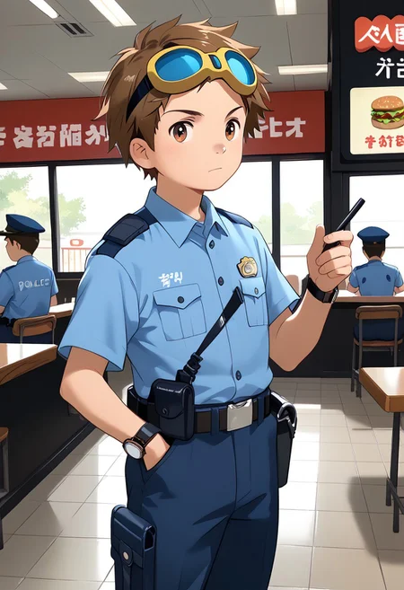 score_9, score_8_up, score_7_up, zPDXL2,
,
1boy, solo, goggles on head, brown hair, male Japanese Summer Police Uniform,light-blue collared shirt, rank slides,hip holster,
Fast Food Restaurant