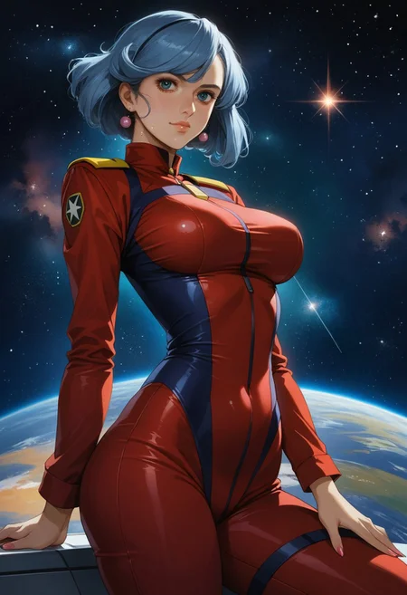 Gundam_00_Style, (Style: Gundam_00), Artist Style:urushihara_satoshi, score_9, score_8_up, score_7_up, ((rating:PG13)), (absurdres), 1girl, 20 year old woman, mobile_suit pilot, ((skintight)), ((jumpsuit)), large breasts, large ass, tiny waist, navel, sweaty, steam, looking at viewer, solo focus, seductive, horny, sexy, detailed eyes,
space station, space, light filtering, light particles, starry background