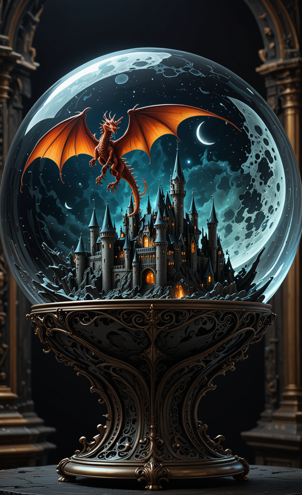 A  glass sphere sculpture, concealed inside the sphere is a Dragon flying over a castle, Fantasy, in the dark, detailed image, 8k high quality detailed, the moon, shaped sphere, amazing wallpaper, digital painting highly detailed, 8k UHD detailed oil painting, beautiful art UHD, focus on full glass sphere, bokeh,  background Modifiers: extremely detailed Award winning photography, fantasy studio lighting, photorealistic very attractive beautiful imperial colours ultra detailed 3D, (Extremely Intricate), UHD <lora:3D_Framed_Wall_Art_-_By_DICE:1>, (3D Framed, Macabre)