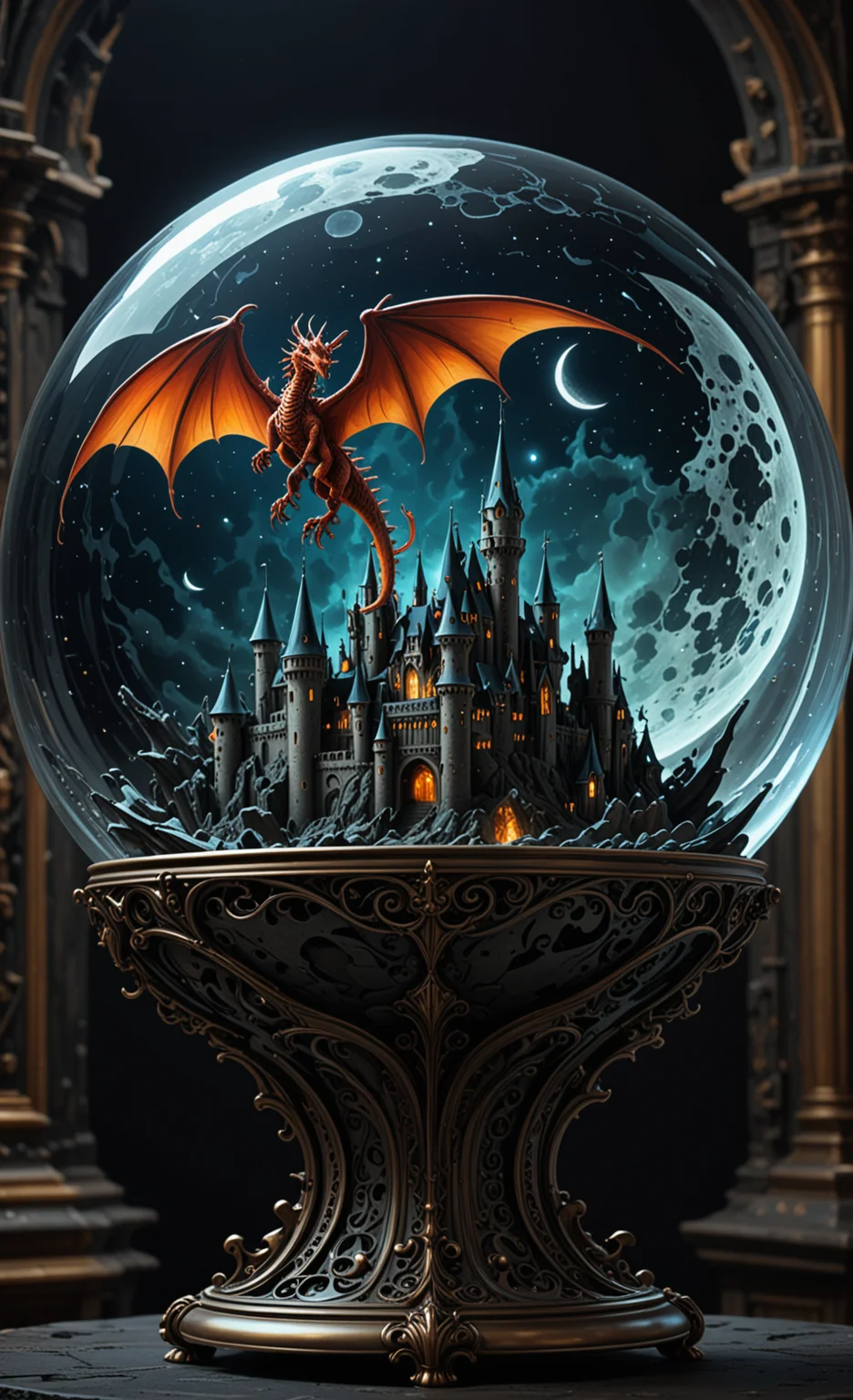 A glass sphere sculpture, concealed inside the sphere is a Dragon flying over a castle, Fantasy, in the dark, detailed image, 8k high quality detailed, the moon, shaped sphere, amazing wallpaper, digital painting highly detailed, 8k UHD detailed oil painting, beautiful art UHD, focus on full glass sphere, bokeh, background Modifiers: extremely detailed Award winning photography, fantasy studio lighting, photorealistic very attractive beautiful imperial colours ultra detailed 3D, (Extremely Intricate), UHD <lora:3D_Framed_Wall_Art_-_By_DICE:1>, (3D Framed, Macabre)