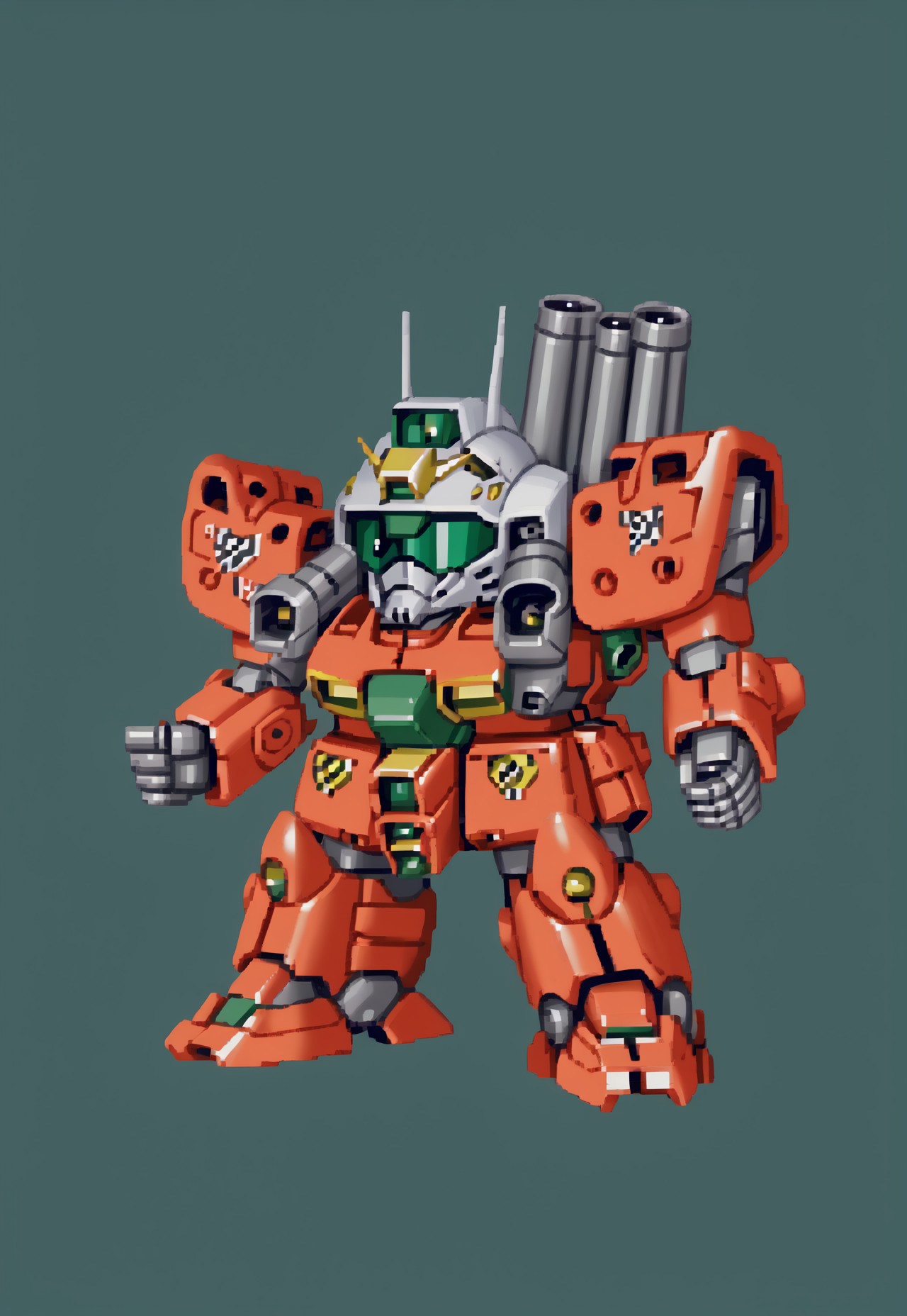 full body view, SRWFStyle,
guncannon_mass_production_type, shoulder cannons deployed, chibi, mecha, no humans, robot, simple background, green background