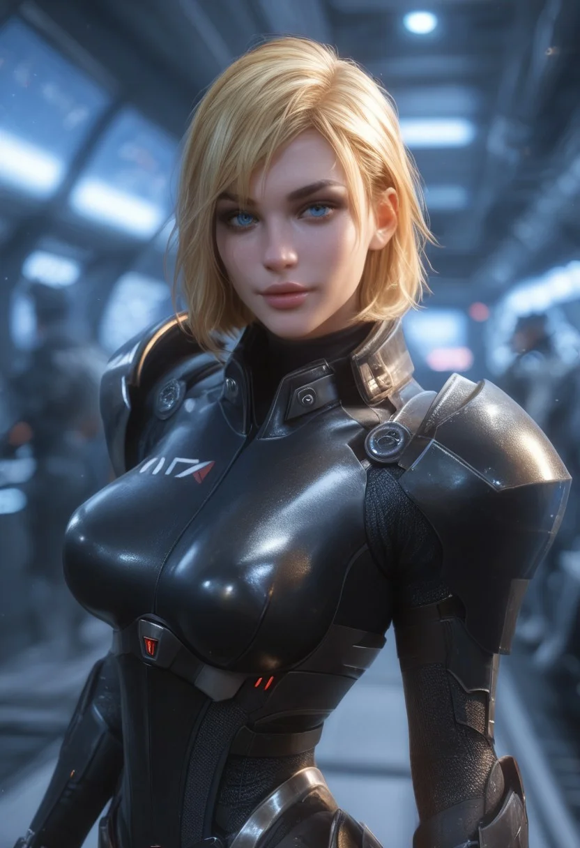 safe_pos, score_9, score_8_up, score_7_up, score_6_up, score_5_up, 1girl, blonde hair, bobcut, blue eyes, busty, seductive smile, looking at the viewer, Expressiveh, realistic, femshepxl, black power armor, N7, bodysuit, armor, alone, clean spaceship, futuristic