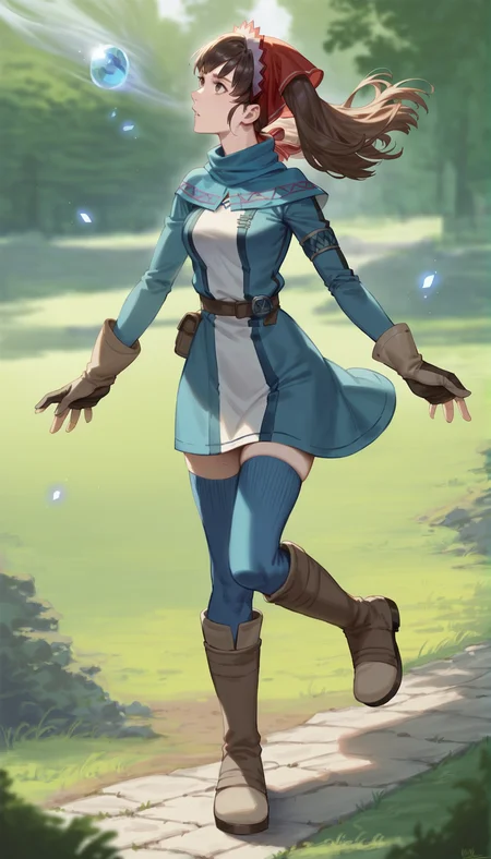 score_9,score_8_up,score_7_up,
realistic,highly detailed,
<lora:aliciamelchiott:0.9>,aliciamelchiott,1girl,solo,
brown hair,twintails,bouncing hair,looking up,brown eyes,parted lips,headdress,squad leader outfit,squad leader dress,blue high-collar,brown gloves,brown boots,brown gloves,blue thighhighs,full body,
outdoors,countryside,wind,particle effectsvignetting,blurry background,