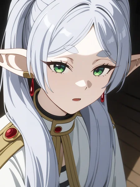 best quality,masterpiece,highres,absurdres,1girl,solo,newest,rating: general, <lora:Frieren_XL-step00001000:0.6> ,(frieren, pointy ears, elf, earrings, twintails, parted bangs, grey hair, thick eyebrows)