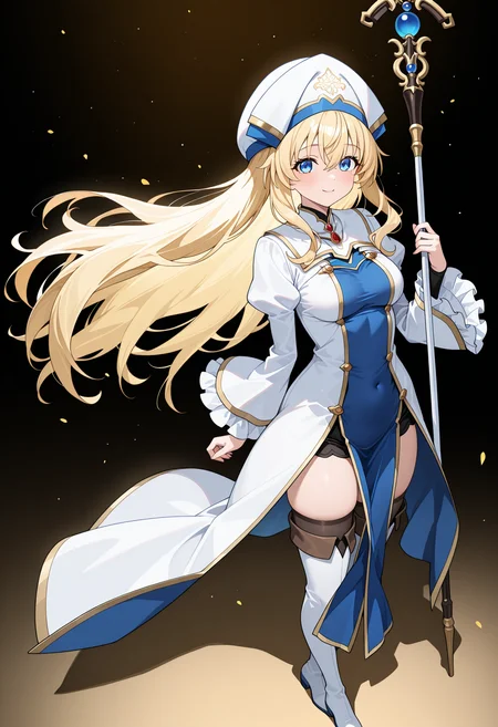 masterpiece, best quality, high resolution, source_anime, highly detailed illustration, detailed eyes,
very aesthetic, absurdres, newest, amazing quality,
1girl, solo,
<lora:shiPriestessV1ill:1>, shigoblitess, long hair, very long hair, blonde hair, hair between eyes, white headwear, cleric headdress, blue eyes,
long sleeves, wide sleeves, puffy sleeves, frilled sleeves, juliet sleeves, white dress, frills, medium breasts, holding staff,
white thighhighs, thigh boots, white footwear, full body,
looking at viewer, smile,
