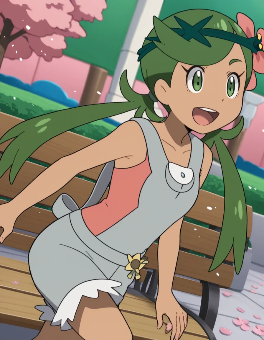 score_9, score_8_up, score_7_up, source_anime, <lora:pokemon-mallow-anime-ponyxl-lora-nochekaiser:1>, mallow, long hair, bangs, hair ornament, twintails, green eyes, flower, green hair, hair flower, dark skin, dark-skinned female, swept bangs, mallow (pokemon), collarbone, sleeveless, pink shirt, overalls,, park, cherry blossoms, bench, gentle breeze, peaceful, running, open mouth,, smile, , knee bent, hand on knee, arm out to side, solo,, cowboy shot, dutch angle