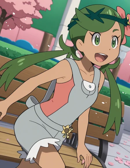 score_9, score_8_up, score_7_up, source_anime, <lora:pokemon-mallow-anime-ponyxl-lora-nochekaiser:1>, mallow, long hair, bangs, hair ornament, twintails, green eyes, flower, green hair, hair flower, dark skin, dark-skinned female, swept bangs, mallow (pokemon), collarbone, sleeveless, pink shirt, overalls,, park, cherry blossoms, bench, gentle breeze, peaceful, running, open mouth,, smile, , knee bent, hand on knee, arm out to side, solo,, cowboy shot, dutch angle