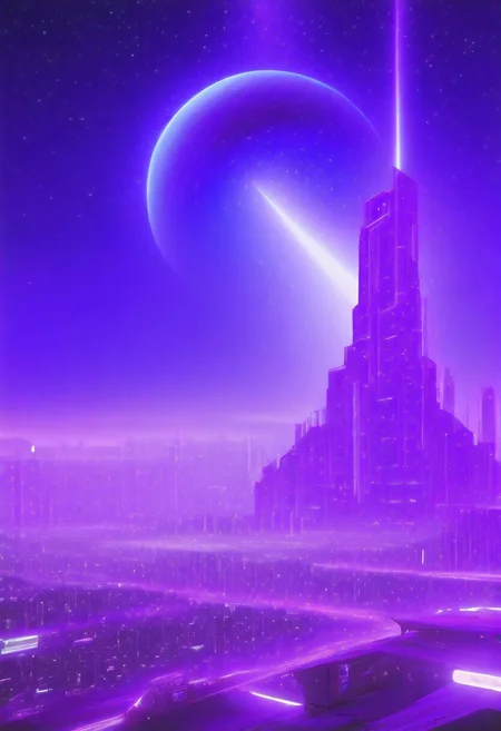 High quiality, high resolution, high definition,
Magical city with skyscrapers, a planet with purple colors and lines that emit white light surrounded by a planet ring, with the view from behind a cat looking towards the city, citybkg, anime style, high ilumination, galaxy sky, calid colours, spacial station