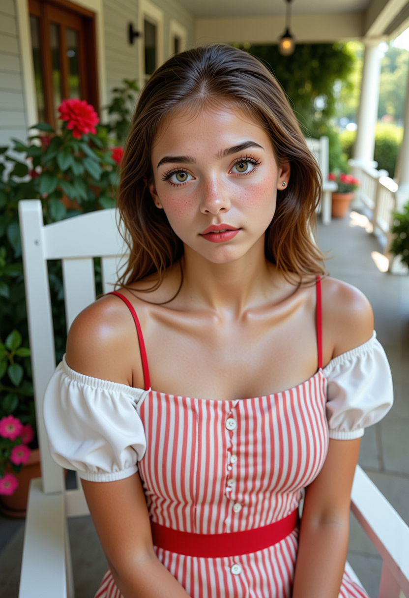 Hyperrealistic, she is smiling, dynamic angles, multiple angles,  she is looking at the camera, photoshoot poses; a photo of A photo of Tara_S_OP, a woman with long brown hair, a woman wearing vintage 1950's era verticle striped red and white dress,She is wearing a white off-the-shoulder blouse with ruffled sleeves and, huge breasts, busty breasts. She is sitting in a white deck chair on a  beautiful front porch decorated with flowers,  creating a focused and dynamic pose.; the scene is set in a beautiful well-lit environment, with a sense of action and adventure.  Style: realistic hyper-detailed rendering, 32k UHD, expressive eyes, punk, graphic design, girl's face, pretty and cute, gleaming lips, telling a tale of adventure. Exuding confidence and serenity. The overall mood of the image is happy and relaxed, detailed skin texture,(blush:0.2),(goosebumps:0.3), subsurface scattering,with a playful and whimsical tone,perfect hand, hand, detailed hand,niji style,retro50s_style,