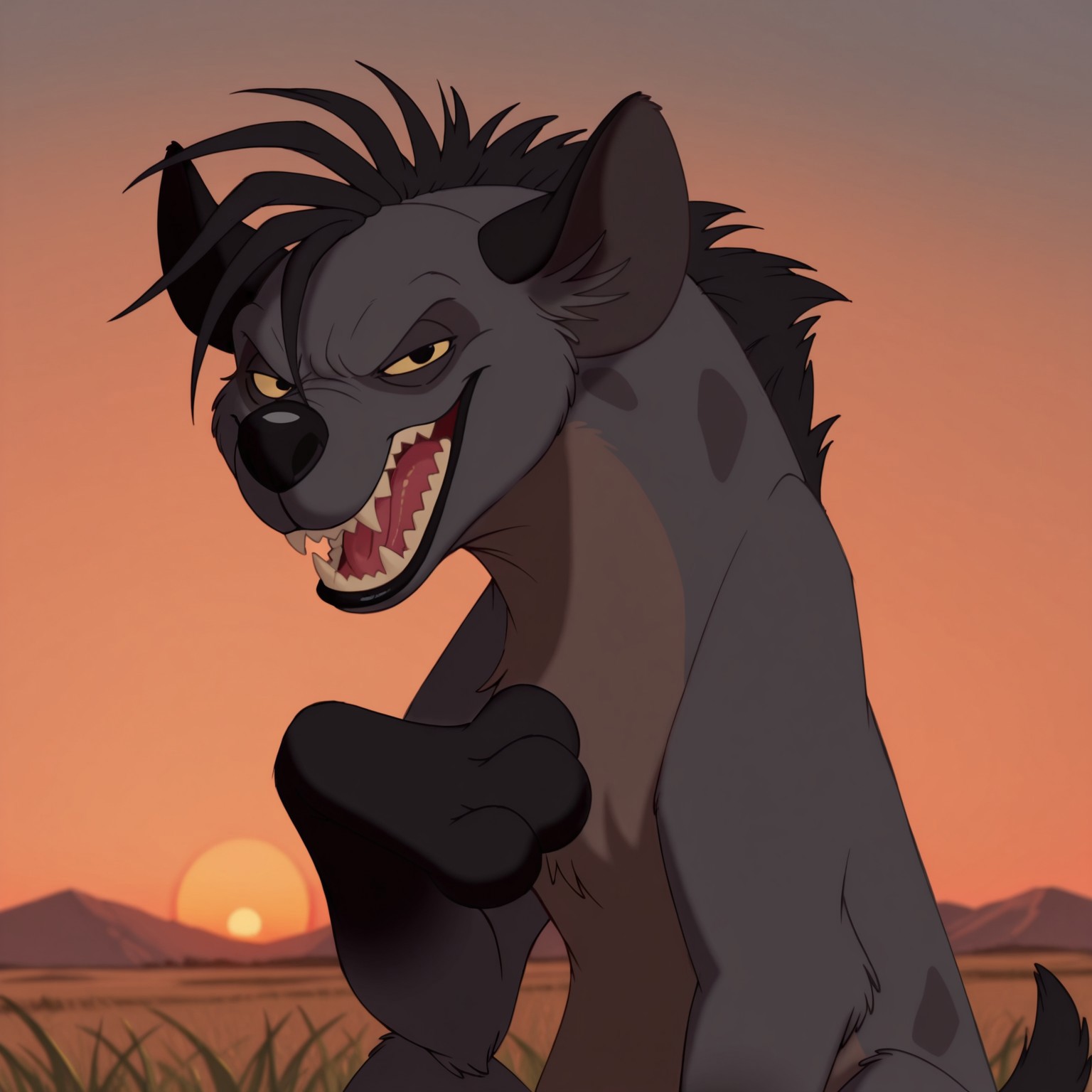 8k, uncensored, masterpiece, best quality, highly detailed, realistic, 1girl, solo, ShenziTLK, furry, feral, hyena ears, black hair, short hair, back mane, dark-grey inner ear fluff, yellow sclera, black eyes, black nose, dark-grey body, dark-grey fur, dark-brown body, dark-brown fur, two tone body, two tone fur, dark-grey spots, short tail, black tail, smile, open mouth, tongue, sharp teeth, grin, (looking at viewer, sitting, africa, sunset, grass, front view, detailed background, upper body, narrowed eyes, 3 fingers, paws, hand on own chest, angry