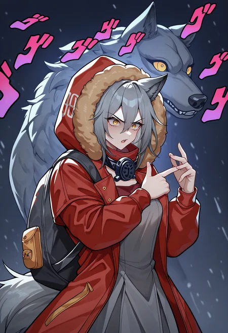 masterpiece, best quality, newest, absurdres, highres, 1girl, ProRedSwm, wolf ears, grey hair, hair between eyes, wolf tail, yellow eyes, wolf girl, <lora:ProjektRed_illusXLNoobAI_Incrs_v1:1>,
mask around neck, fur-trimmed hood, hood up, hooded jacket, duffel bag, fur trim, red jacket, open clothes, open jacket, red coat, red shirt, grey shirt, backpack, pouch, grey dress, long sleeves, tachi-e, upper body, stand \(jojo\), wolf, jojo pose, menacing \(jojo\), ghost, transparent, stance,