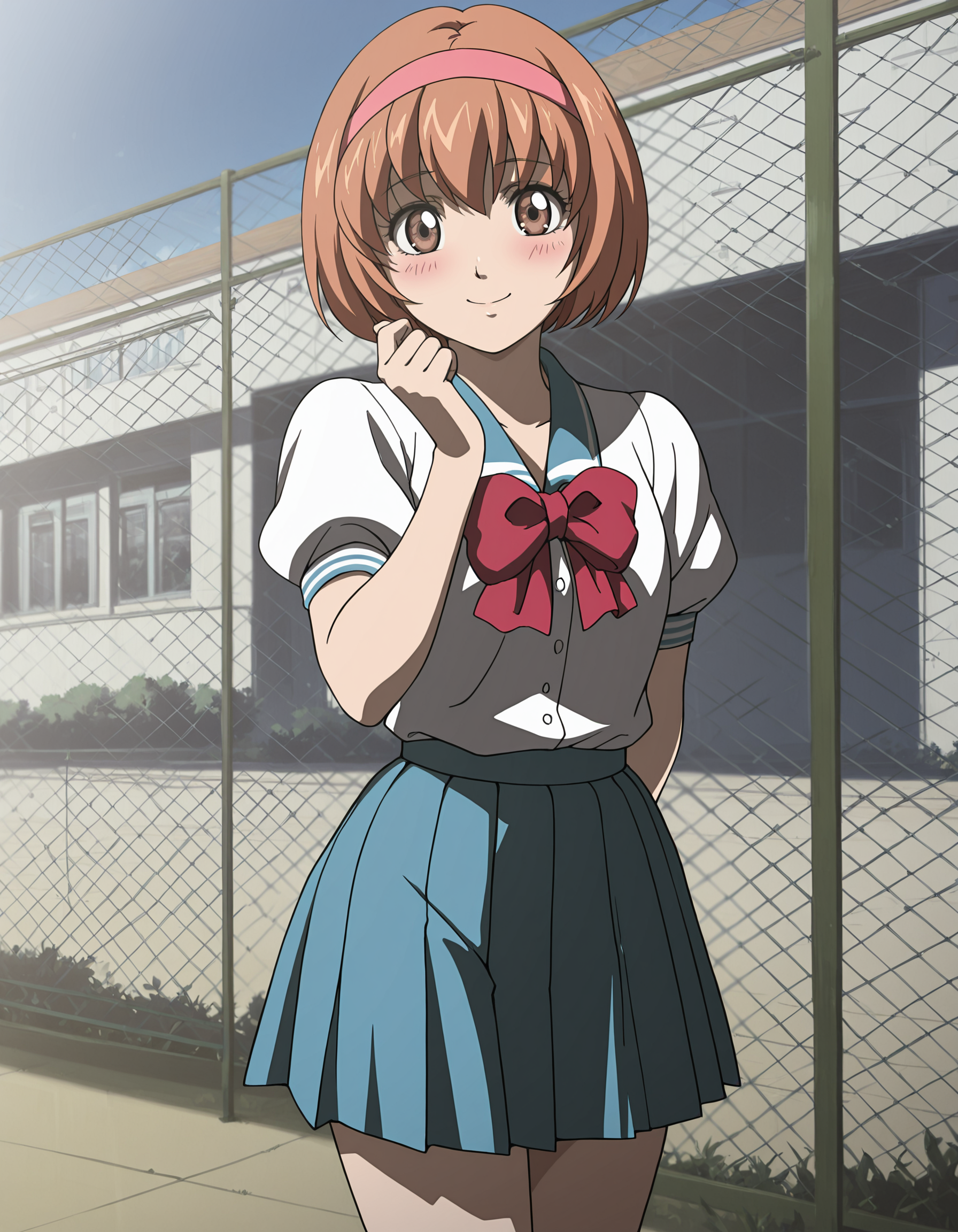 masterpiece,best quality,looking at viewer,smile,school,fence,cowboy shot,, <lora:saekiena1:1.0>
saekiena,1girl,solo,(blush:0.8),brown eyes,short hair,bob cut,(brown hair:0.9),(orange hair:0.7),hairband,anime coloring
school uniform,(red bowtie:0.8),pleated skirt,