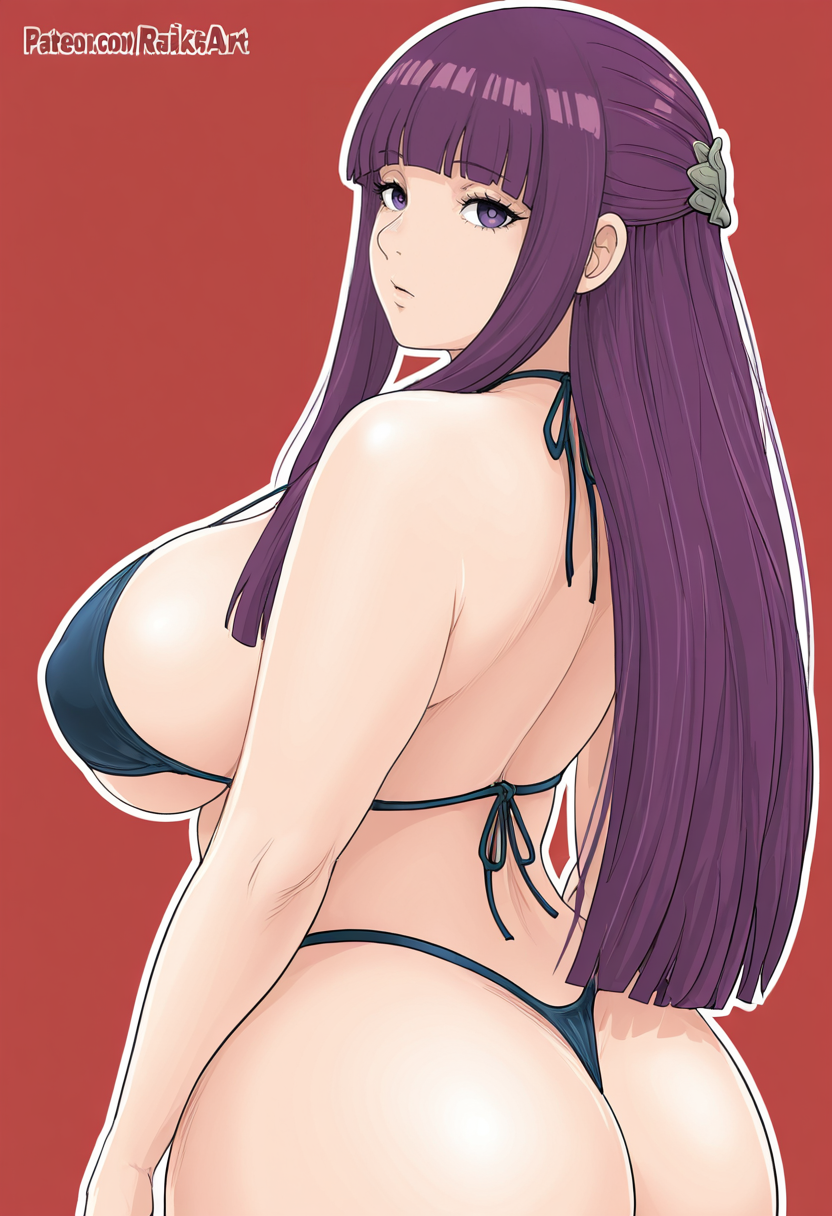 masterpiece, best quality, 
1girl, solo, 
From behind
fern \(sousou no frieren\), purple eyes, purple hair, long hair,blunt bangs, sidelocks,  
bikini, thong, 
looking at viewer, 
simple background, Red  background, outline, 
 <lora:raikageart:1> r41k4g34rt,