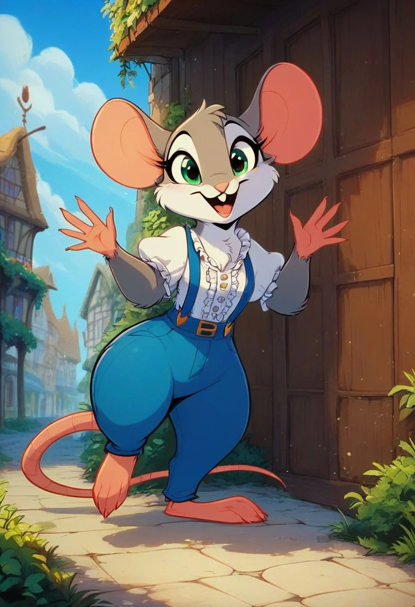 score_9, score_8_up, score_8, solo, (fluffy:0.8), (feral), furry, (((mouse))), female, claws, (fluffy cheeks:0.7), (frilly shirt, blue pants, suspenders), (solo:2), j_cartoon, (cute:0.8), greenish eyes, grey fur, village, waving to viewer, hand at side