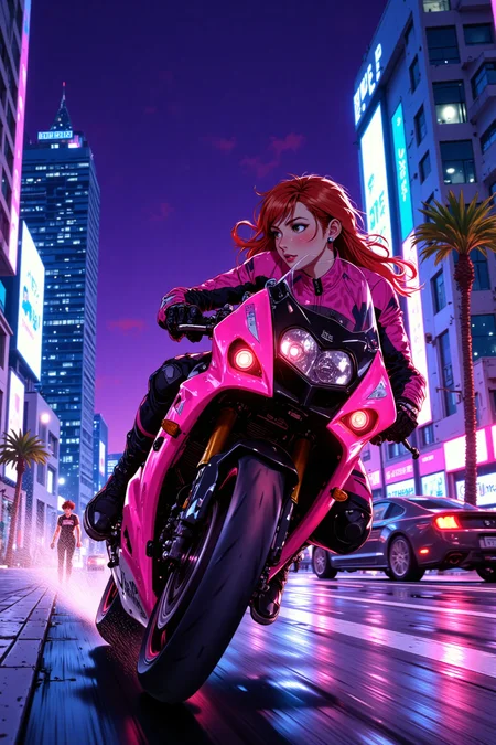 High-quality semi-realistic anime illustration with ultra-detailed rendering,smooth blended shading,fully realistic background. A young woman leans forward in a streamlined,aerodynamic posture as she speeds through the neon-lit streets of Miami on a sleek sport motorcycle at night. The rush of wind presses against her,strands of auburn hair whipping behind her as she accelerates,her focus locked on the road ahead. The deep hum of the engine and the distant pulse of music from the city blend into a hypnotic rhythm,while neon reflections streak across the wet pavement.,
She wears a striking neon-pink racing suit,its sleek,form-fitting design accentuating her athletic frame. The synthetic material gleams under the city lights,black contouring lines running along the arms and legs,emphasizing speed and motion. Reinforced gloves grip the handlebars,her fingers effortlessly adjusting the throttle as she leans into a turn. Her boots,matte black with neon accents,press firmly against the footpegs,maintaining control as she maneuvers through the streets.,
The background is fully realistic and cinematic,MiamiâÂÂs skyline towering in the distance,glowing against the deep violet sky. Art Deco buildings pulse with neon blues,purples,and fiery pinks,their reflections stretching across the glassy asphalt. The blurred light trails of passing cars and glowing street signs enhance the sense of motion,while palm trees stand silhouetted against the electric horizon. Billboards flicker with digital advertisements,casting shifting hues over the speeding motorcycle as she cuts through the night.,
The composition captures high-speed energy,blending the **thrill of movement,neon-drenched cyberpunk aesthetics,and MiamiâÂÂs vibrant nightlife** into a seamless fusion of style,adrenaline,and futuristic elegance.,
