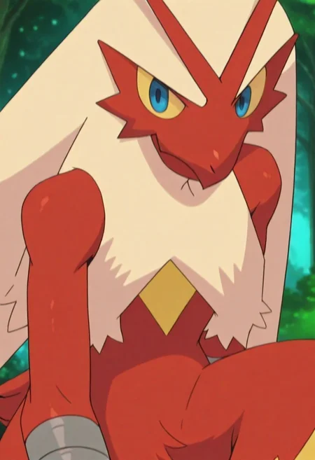 masterpiece, best quality, score_9, score_8_up, score_7_up, score_6_up, score_5_up, score_4_up, source_furry, solo, feral, male, pokemon, blaziken, yellow sclera, blue eyes, forest background, vibrant colors, looking at viewer, flat colors, dynamic pose