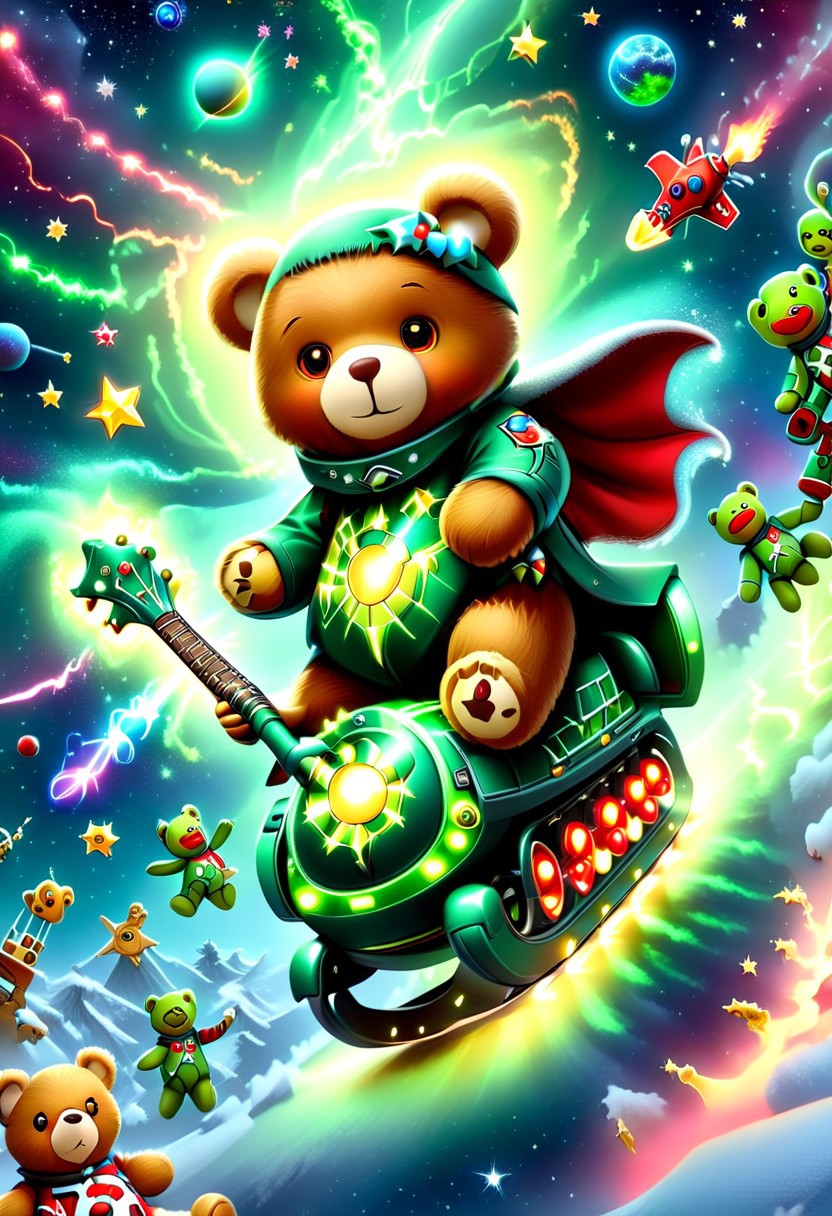 xmastedx,Festive,
(masterpiece, best quality:1.2), teddy bears' intergalactic holiday, spaceship sleigh, electric guitars with neon lights, parade of teddy bears in space suits, planets and stars as the backdrop, teddy bears playing guitars that produce laser - like sound waves, the sleigh flying through a nebula, alien creatures joining the celebration, teddy bears dancing with little green men, a sense of adventure and holiday joy in the vast universe.