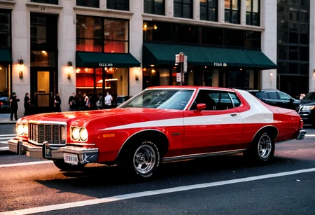 gleaming red Ford Gran Torino, side view, New York avenue, bright headlights, sunset, Manhattan skyscrapers background, 4K, highly detailed, ((grainy 35mm photo))
