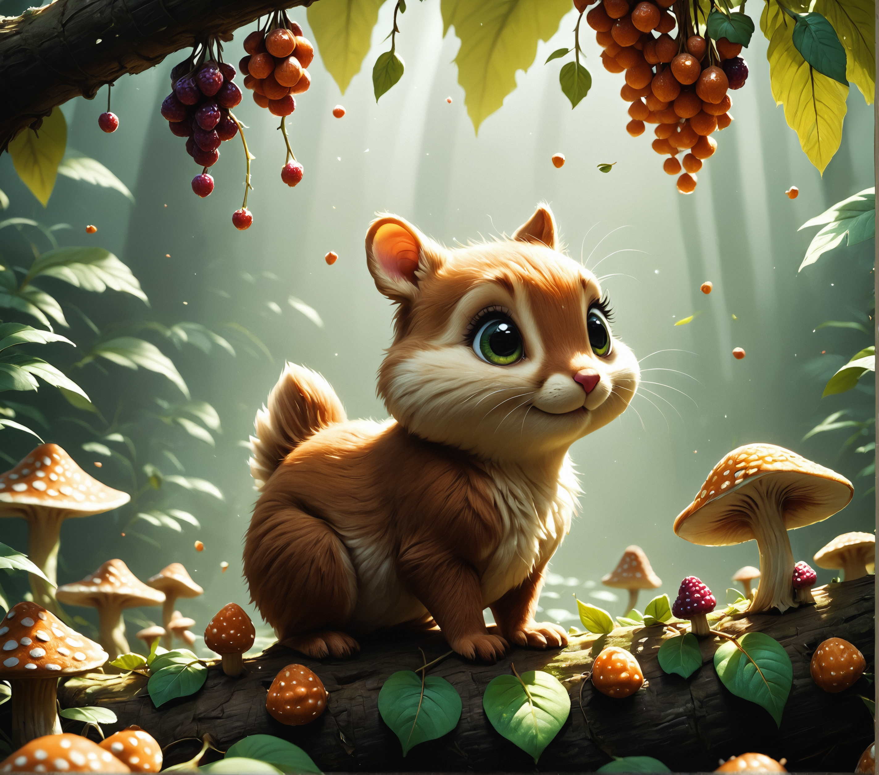 score_9, score_8_up, score_7_up, score_6_up, score_5_up, score_4_up, Detailed 3D digital art Vibrant digital painting with photorealistic details, depicting a cute chipmunk with bright eyes and detailed fur, nestled in a lush, mossy tree hollow surrounded by leaves, berries, and mushrooms; the background is a sunlit forest with beams of light filtering through the foliage, creating a warm, magical atmosphere with rich green and brown tones.
