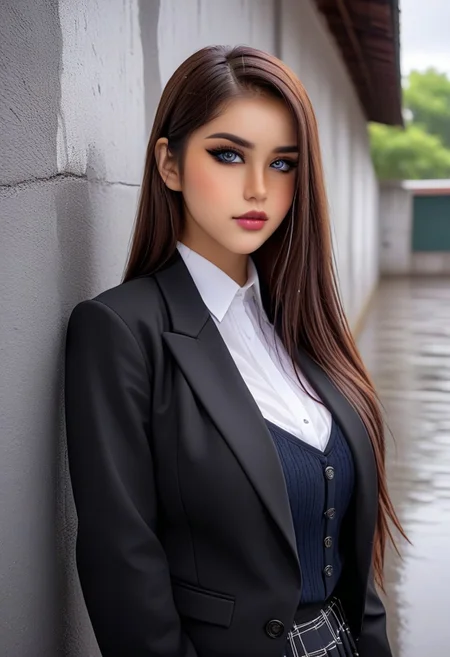28yo V3r0t1k4, alleywall background, black jacket, long sleeves