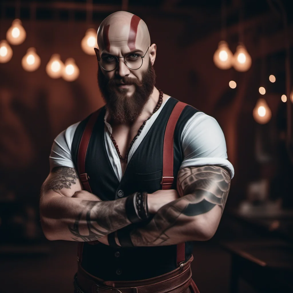 cinematic photo Kratos1024, a bald bearded man, full body, tattoos, hypster fashion look, small round glasses, smile, suspenders <lora:Kratos1024-000510:0.4> . 35mm photograph, film, bokeh, professional, 4k, highly detailed