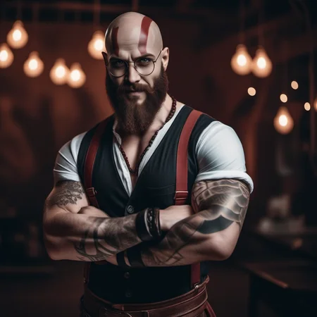 cinematic photo Kratos1024, a bald bearded man, full body, tattoos, hypster fashion look, small round glasses, smile, suspenders <lora:Kratos1024-000510:0.4> . 35mm photograph, film, bokeh, professional, 4k, highly detailed
