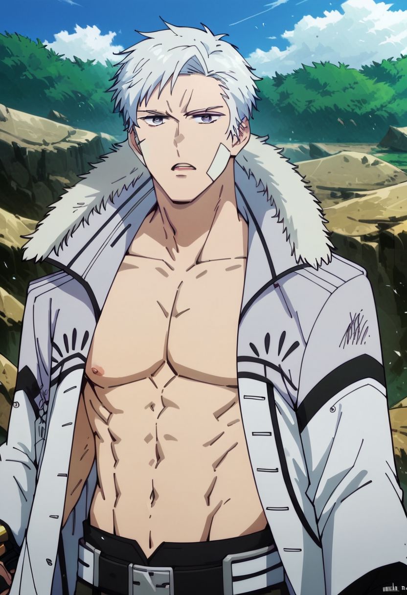 score_9, score_8_up, score_7_up, 1boy, solo, rodrick, silver hair, gray eyes, mouth open, muscular, fur trim, coat, shirtless, dynamic pose, holding gun, looking at viewer, outdoors, cowboy shot