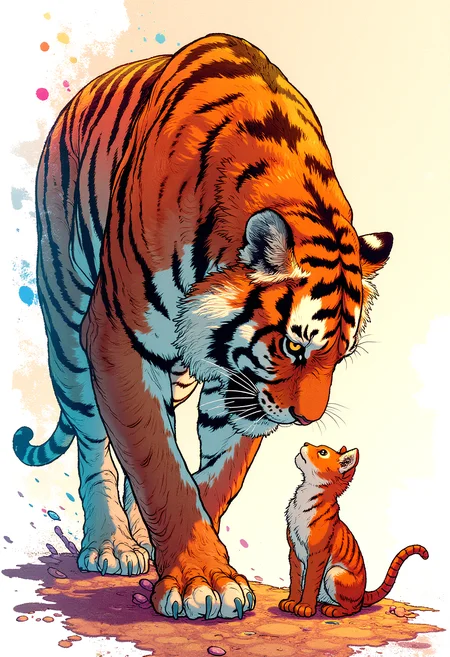illustration, artwork, drawing, A huge tiger looking down at a tabby cat that looks up at the tiger, splash art, colorful, dynamic background