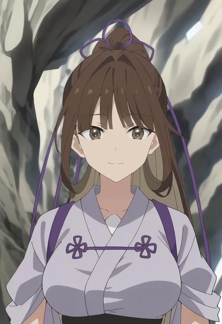 <lora:Airi Jinguuji:0.9>Airi Jinguuji, 1girl, solo , brown hair, brown eyes, purple ribbon, long hair, large breasts, hair ribbon, high ponytail, sidelocks, japanese clothes, white kimono, tasuki, upper body, looking at viewer, smile, score_9, score_7_up,anime coloring ,source_anime, anime, anime screencap
