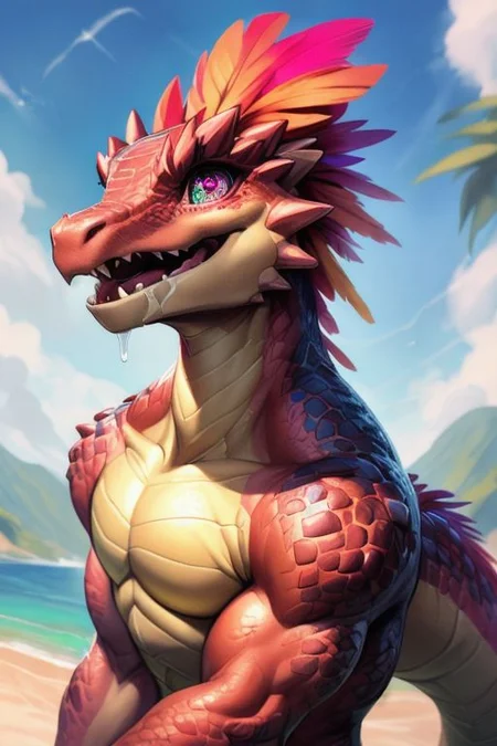 scalie, anthro, ((female)), ((kobold:1.3)), detailed pink scales, detailed scales, intricate scales, ((small breasts)), ((nude)), (detailed face), (detailed eyes:2), (big eyes:0.5), claws, open mouth, grin, (fangs:1.3), cute, young, muscular, athletic, elegant, beautiful, claws, (slit pupils), bright eyes, expressive eyes, (chubby:0.4), (plump:0.4), smiling, happy,
((((head with thick long feathers)))), ((feathered arms, feathered legs)) covered in feathers,
sexy pose, dancing,
(saliva), (drooling:0.5),
<lora:dragon:0.1>,
<lora:addmoredetails:-0.1>,
<lora:Velociraptor_Dino:0.1>,
<lora:deathclaw:0.1>,
<lora:azt3ch:0.1>,
<lora:FurryCore:0.6>
<Lora:sailor_moon:0.2>
by darkgem, by thesecretcave, by silverfox5213, ,
noon, sunlight,
on a beach,
(ambient light on the body),
Ray tracing, dutch angle, concept art, highly detailed, (hi res), ((masterpiece)), ((best quality)) masterpiece, best quality, masterpiece, best quality, cinematic composition, (masterpiece, best quality, ultra realistic, 4k, (high detail:1.3), sharp focus,