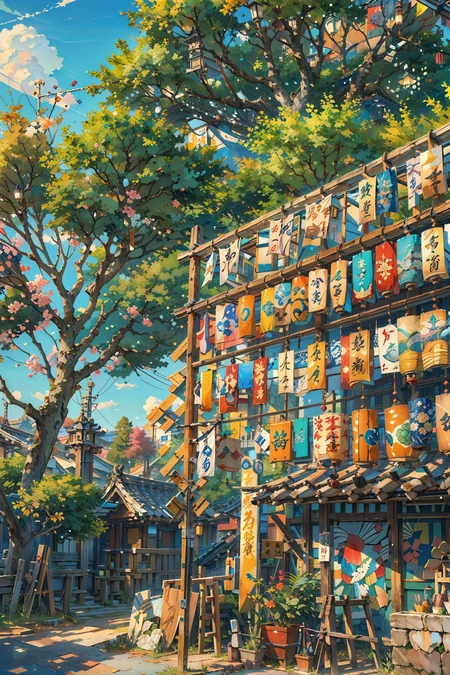 (masterpiece:1.3),(best quality:1.3),highres,vivid_color,colorful,ultra-detailed,masterpiece,extremely detailed CG unity 8k wallpaper,best quality,scenery,outdoors,<lora:Detailed_Places_R-128_v1:0.7>,scenery, tree, no humans, outdoors, sky, day, blue sky, sign, banner, east asian architecture, shop, cloud, architecture, lantern