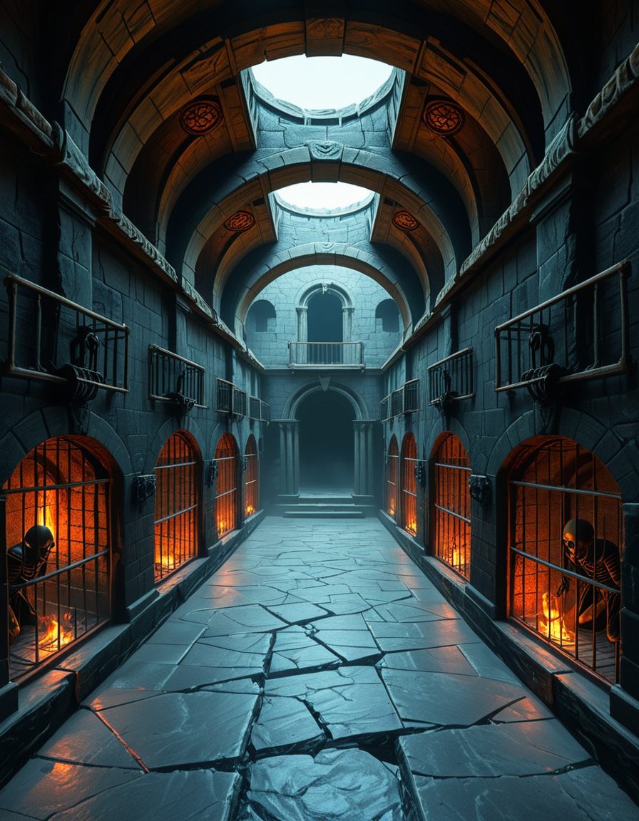 Deep within the necromancerâs fortress lies the Cell Block of the Damned, an endless crypt of imprisonment where no living beings resideâonly echoes of suffering and the restless remains of those long forgotten. The architecture is grotesque and unnatural, a fusion of blackened stone, rusted iron, and calcified bone, as if the walls themselves were formed from the fused remains of the dead. The air is cold, stale, and thick with an unnatural mist that coils like spectral fingers along the cracked floor.
Endless rows of iron-barred cells line the cavernous chamber, their interiors cloaked in unnatural darkness. Some cells contain skeletal figures, shackled in rusted chains, their hollow eye sockets glowing faintly with eerie green or crimson light. Others house shadowy wraiths, their indistinct forms flickering like dying embers, bound by ancient runes etched into the very fabric of the stone. A few cells appear completely empty, yet whispers emanate from withinâechoes of prisoners that no longer exist, but whose agony remains imprinted upon reality itself.
The walls pulse faintly, veins of necrotic energy coursing through their surface, feeding upon the despair and suffering trapped within. Chains dangle from the ceiling, some still swinging slightly as if disturbed by unseen forces. Along the floor, pools of black ichor seep from cracks in the stone, shifting unnaturally as if alive, swallowing anything that lingers too long.
At the heart of the chamber stands a monolithic iron cage, its bars twisted and gnarled, as though shaped by something with no regard for natural law. Inside, a shifting mass of bone, spectral energy, and dark mist writhes in eternal torment, its presence a gravitational wound in reality itself. The cage hums with an ominous resonance, its locks sealed with infernal sigils that glow with unholy fire, ensuring that whatever lurks within remains containedâfor now.
Above, an ancient stone archway looms, inscribed with ever-changing runes that bleed a slow, black liquid. Beyond it, the corridor stretches endlessly, shrouded in a choking fog where shapes move in the distance, watching, waiting. No footsteps ever echo in this place. No voices call out. Only the whispers of the forgotten, the endless creaking of rusted metal, and the sensation that somethingâsomething old, something hungryâis always watching.
This is not a prison.
It is a tomb for souls, a place where the dead are left to fester, to wither, and to become something else.
Style & Mood :
- Dark fantasy, gothic horror, necromantic aesthetics
- Cinematic, highly detailed, eerie lighting
- Infernal atmosphere, filled with shadows, glowing runes, and spectral entities
- Inspired by the works of ZdzisÅaw BeksiÅski, H.R. Giger, and dark medieval occultism
 <lora:SDXLFaeTastic2400:0.4> <lora:extremely_detailed:0.4> extremely detailed,<lora:necromancer_c3ll_bl0ck:1>,necromancer c3ll bl0ck, Masterpiece,best quality,hi res,8k,hi res,8k,award winning,(sharp focus, intricate, highly detailed),