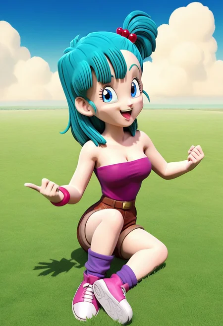 score_9, score_8_up, score_7_up, anime screencap,
bulma \(dragonball\) 3d render, in clsh artstyle, 1girl, solo, breasts, looking at viewer, smile, open mouth, blue eyes, wristwatch, field, outstretched hand, leg up, pink tube top, hair ornament, cleavage, bare shoulders, sitting, full body, outdoors, sky, shoes, shorts, outstretched arm, day, socks, cloud, blue sky, strapless, aqua hair, one side up, cloudy sky, grass, hair bobbles, wristband, sneakers, pink footwear, brown shorts, purple socks, arm up, collarbone, eyebrows, eyelashes, jumping, fingernails, medium hair, looking to the side, clenched hand, raised eyebrows, midair, tongue, teeth