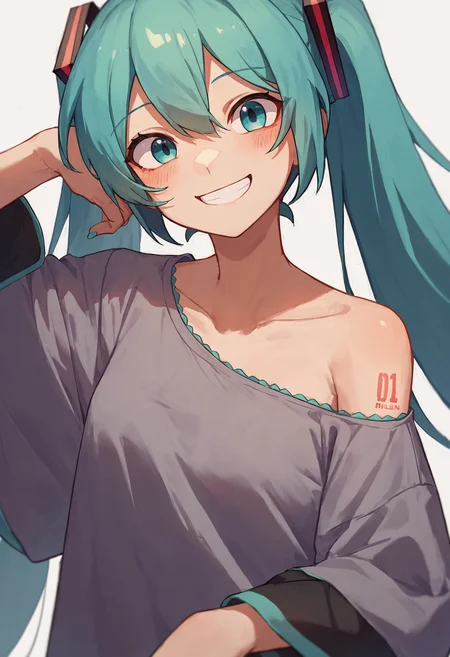 score_9_up score_8_up score_7_up, source_anime, 1girl, hatsune miku, smile, single bare shoulder shirt
<lora:single_bare_shoulder_24re_pony_d8:1>