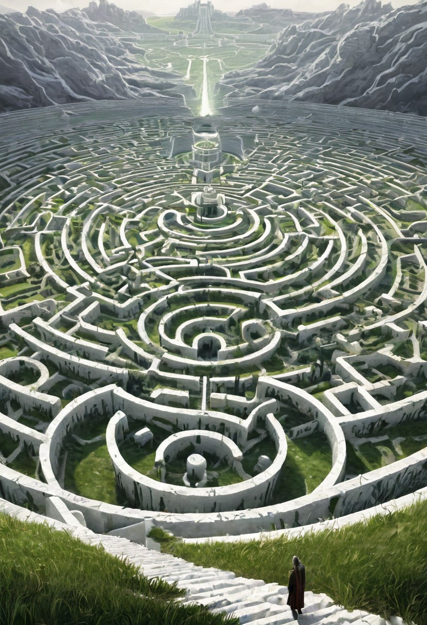 castle , A traveler contemplates a gigantic labyrinth made up of dozens of white, grass, medical towers.