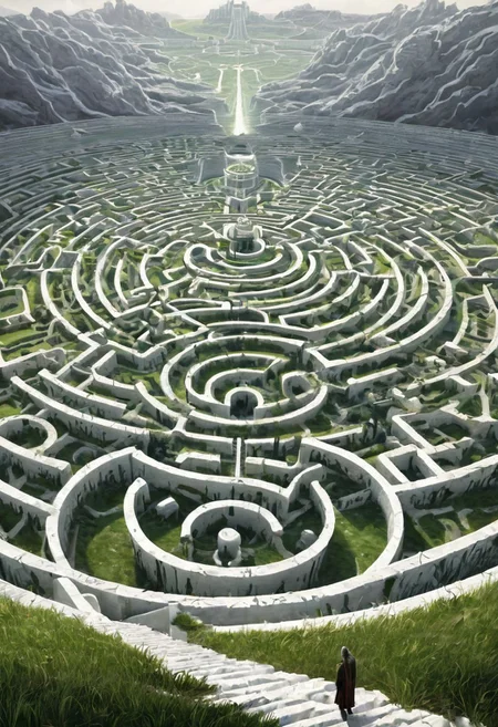 castle , A traveler contemplates a gigantic labyrinth made up of dozens of white, grass, medical towers.